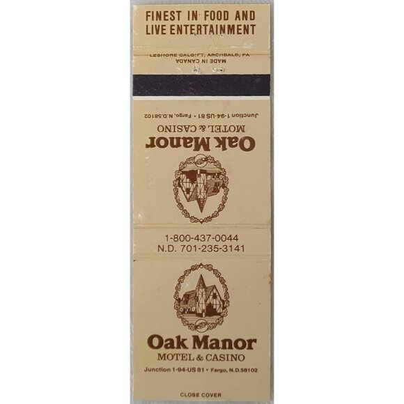 Oak Manor Motel Other - Vintage Matchbook Cover Oak Manor Motel & Casino Fargo ND North Dakota